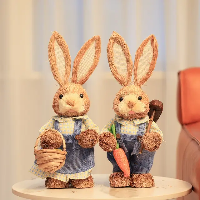 Straw Rabbit Living Room Floor Stand Decoration Garden Balcony Decoration Blue Plaid Rabbit Pair - Shop at LoveMi