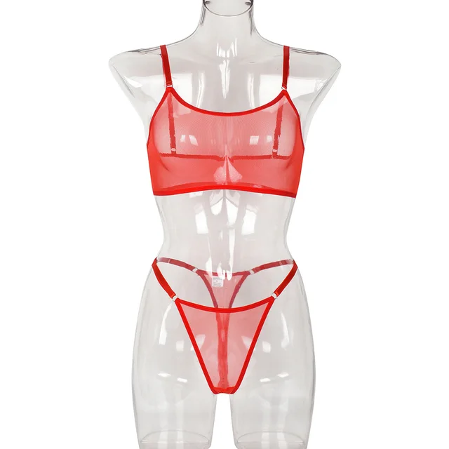 Ins European And American Mesh See through Simple Suit Two piece Sling Sexy Lingerie Red - Shop at LoveMi
