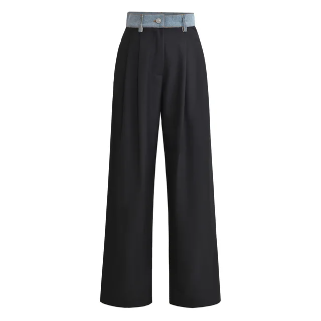 Color Contrast Patchwork Denim Waist High Waist Loose Straight Casual Pants Black - Shop at LoveMi