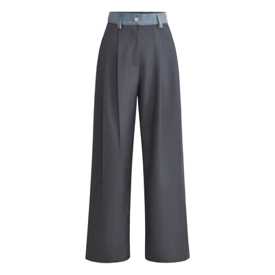 Color Contrast Patchwork Denim Waist High Waist Loose Straight Casual Pants Gray - Shop at LoveMi