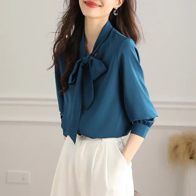 Acetate Satin Bow Shirt Women's Long Sleeve Peacock Blue - Shop at LoveMi