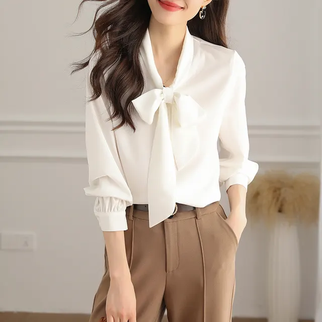 Acetate Satin Bow Shirt Women's Long Sleeve White - Shop at LoveMi