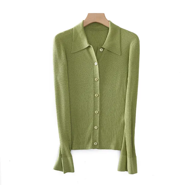 Sunken Stripe Knitted Wool Cardigan For Women Moss Color - Shop at LoveMi