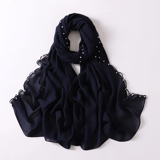 Pearl Chiffon Wavy Edge Beaded Scarf Dark Blue - Shop at LoveMi