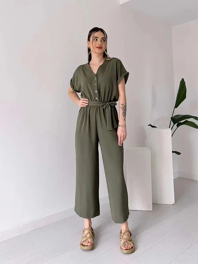 Women's V neck Single Breasted High Waisted Lace Up Straight Leg Jumpsuit Pants Army Green - Shop at LoveMi