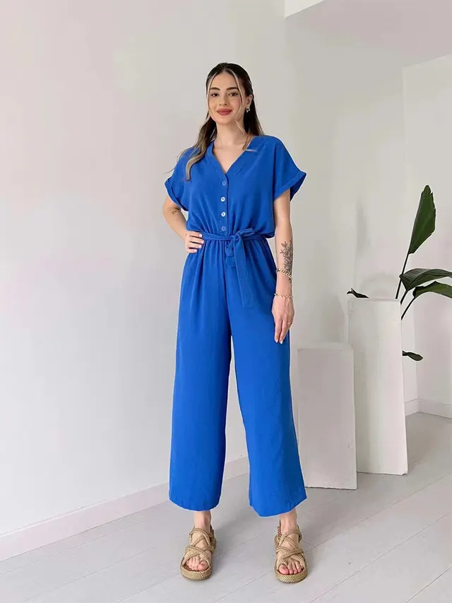 Women's V neck Single Breasted High Waisted Lace Up Straight Leg Jumpsuit Pants Blue - Shop at LoveMi