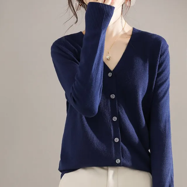 Ladies New V neck Long Sleeve Loose Cardigan Dark Blue - Shop at LoveMi
