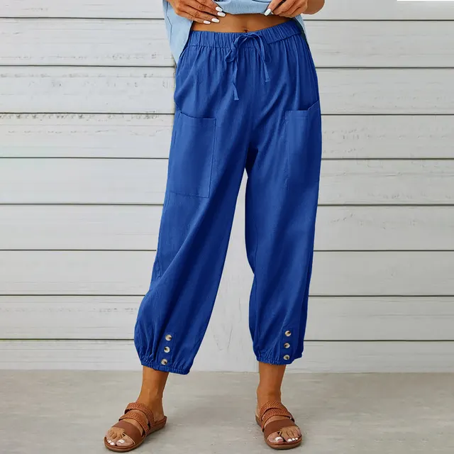 Loose High Waist Button Cotton And Linen Trousers Cropped Pants Wide Leg Women's Pants Sapphire Blue - Shop at LoveMi