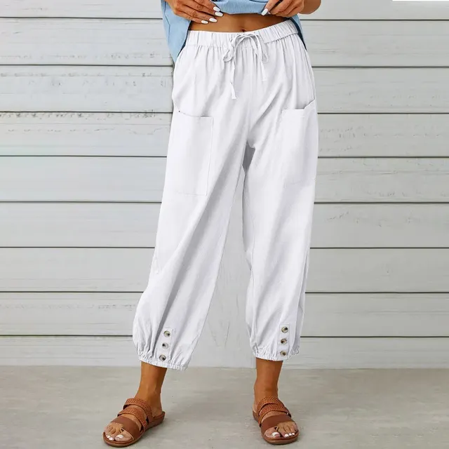 Loose High Waist Button Cotton And Linen Trousers Cropped Pants Wide Leg Women's Pants White - Shop at LoveMi