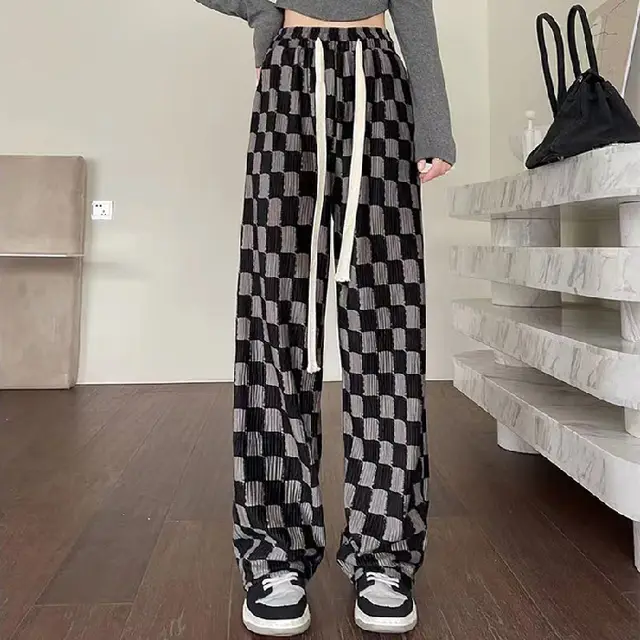 Chessboard Plaid Wide leg Pants High Waist Casual Mop Straight Black And Gray Grid - Shop at LoveMi