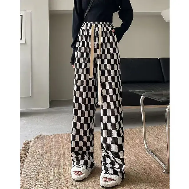 Chessboard Plaid Wide leg Pants High Waist Casual Mop Straight Black And White Plaid - Shop at LoveMi