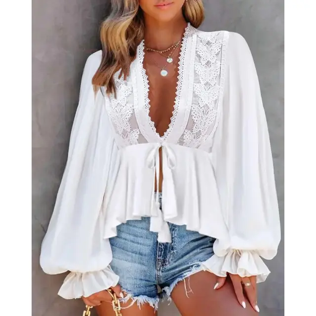 Bow Lace V neck Long Sleeve Top White - Shop at LoveMi