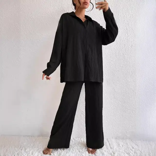 Fashion Casual European And American Style Pleated Trousers Long Sleeve Lapel Elegant Suit Women Black - Shop at LoveMi
