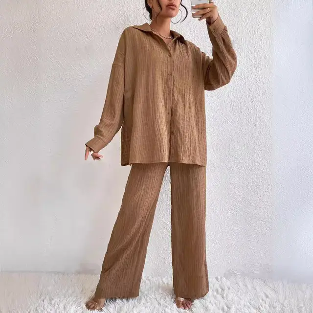 Fashion Casual European And American Style Pleated Trousers Long Sleeve Lapel Elegant Suit Women Brown - Shop at LoveMi