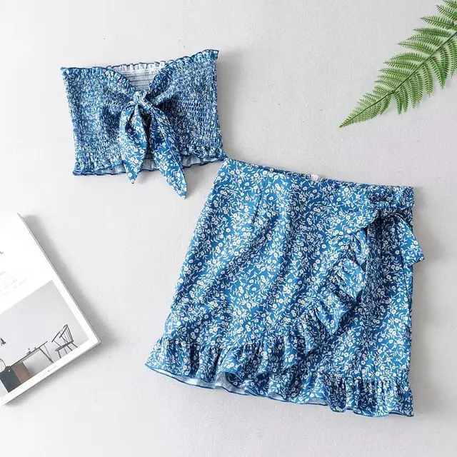 European And American Style Women's Clothing French Sexy Hot Girl Strap Tank top Skirt Suit Blue - Shop at LoveMi