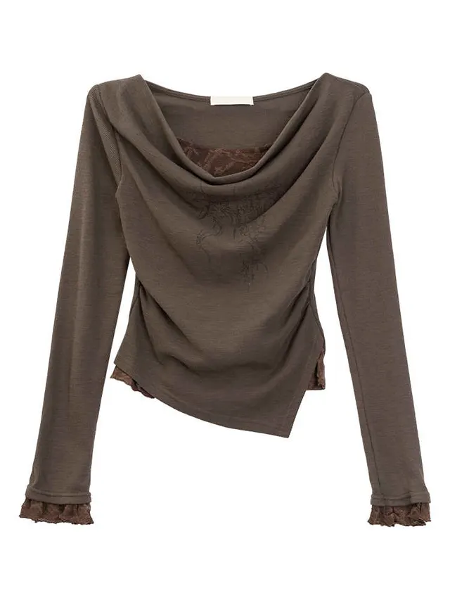 Retro Printed Swing Collar Long sleeved T shirt Women's Slimming False Two piece Top Coffee - Shop at LoveMi