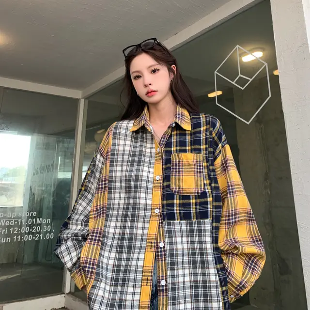 American Retro Casual Loose Shirt Coat Stitching Plaid - Shop at LoveMi