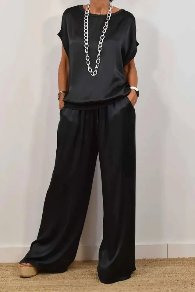 Loose Shirt Wide Leg Pants Casual Suit Black - Shop at LoveMi