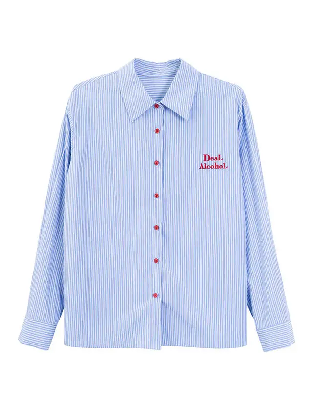Blue Striped Embroidered Letters Shirt Coat Blue Stripes - Shop at LoveMi