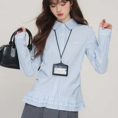 Blue French Striped Multi layer Lace Shirt For Women Blue - Shop at LoveMi