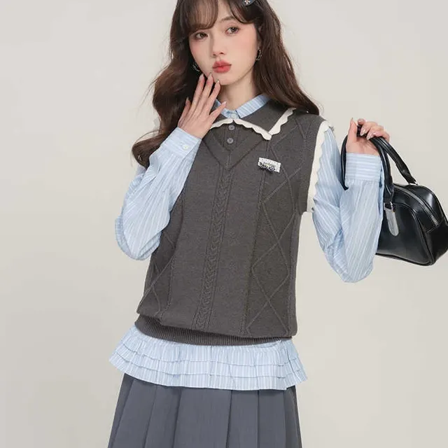 Blue French Striped Multi layer Lace Shirt For Women Grey - Shop at LoveMi