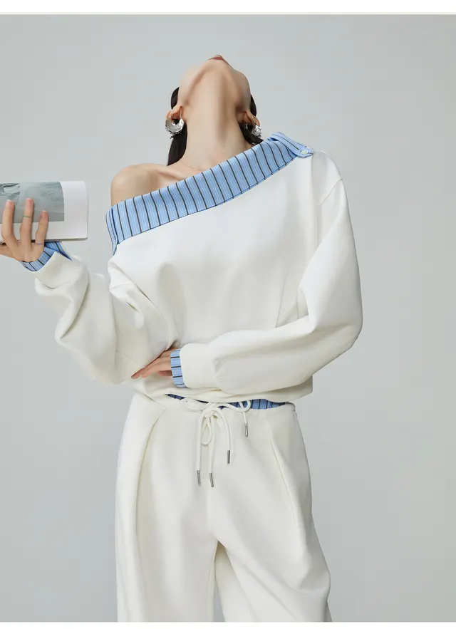 Two Piece Set Of Blue And White Striped Collared Sloping Shoulder Hoodie And Wide Leg Pants White Top - Shop at LoveMi