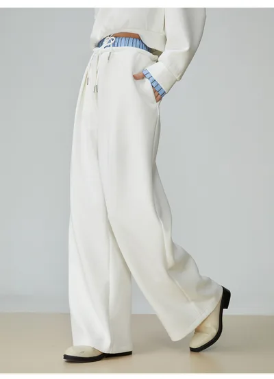 Two Piece Set Of Blue And White Striped Collared Sloping Shoulder Hoodie And Wide Leg Pants White Trousers - Shop at LoveMi