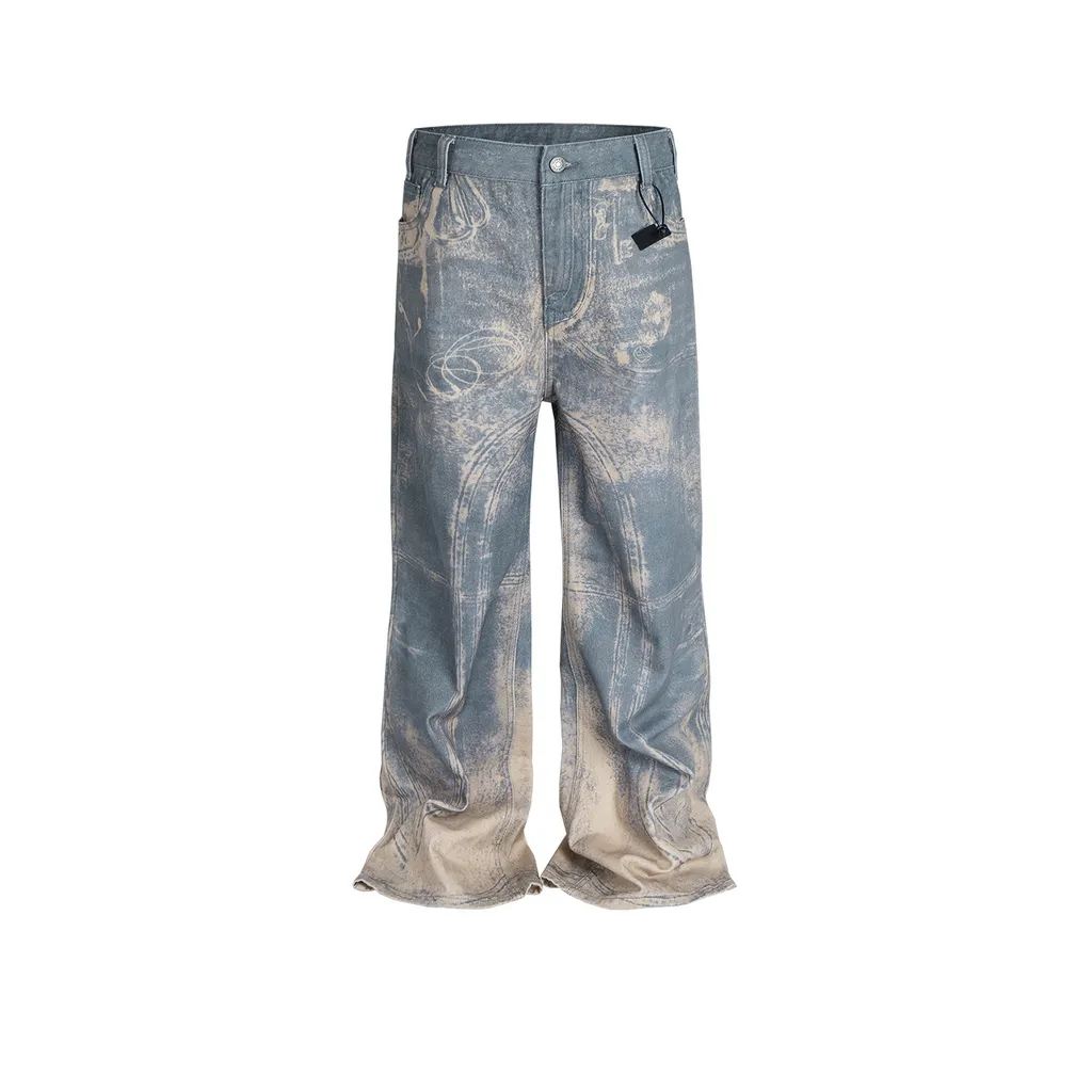 Wide Leg Washed Distressed Pattern Same Neutral Printed Jeans - Blue