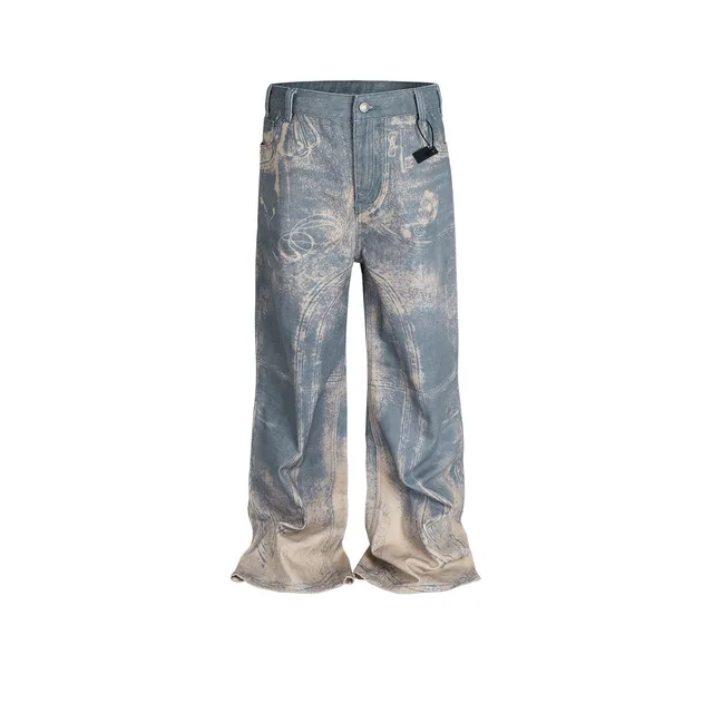 Wide Leg Washed Distressed Pattern Same Neutral Printed Jeans Blue - Shop at LoveMi