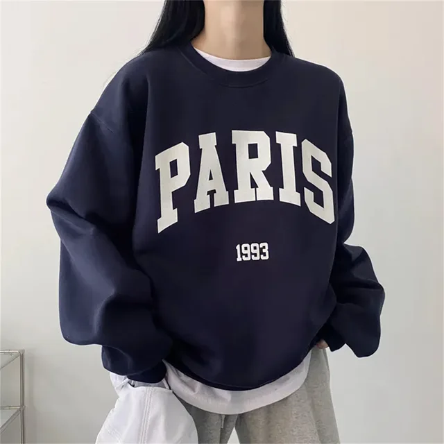 Shirt Fleece Printed Long sleeved Letter Sweater Dark Blue Velvet - Shop at LoveMi