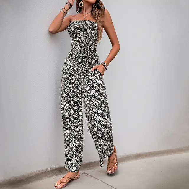 Ethnic Holiday Floral Print Tube Top Jumpsuit Black - Shop at LoveMi