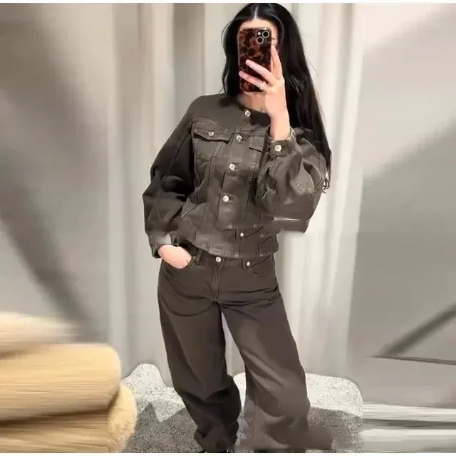 Single breasted Denim Suit Wide leg Pants Denim Jacket - Shop at LoveMi