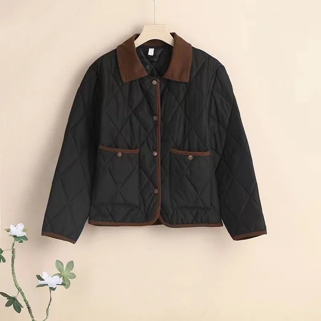 Classic Style Hit Color Diamond Lattice Lapel Cotton padded Jacket Black - Shop at LoveMi