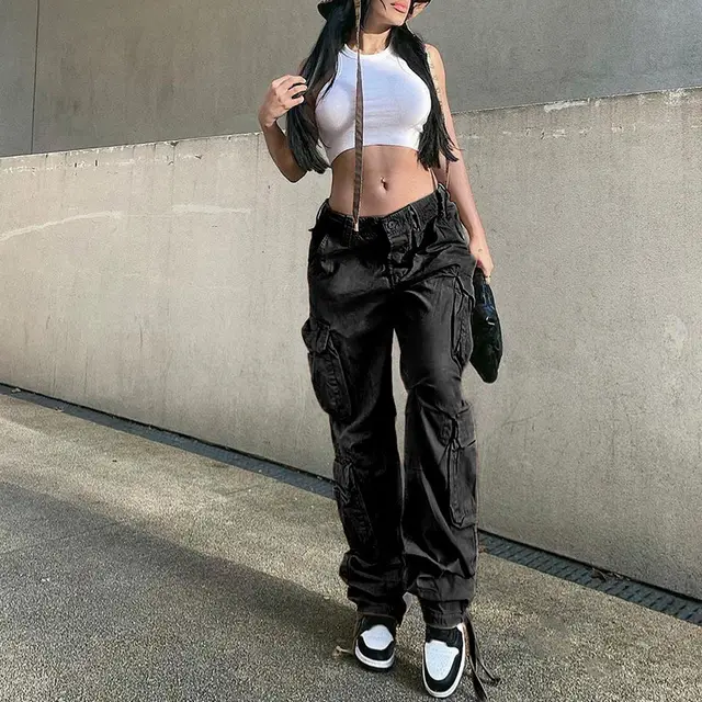 American Street Hip Hop Style Denim Cargo Pants Trousers Black - Shop at LoveMi