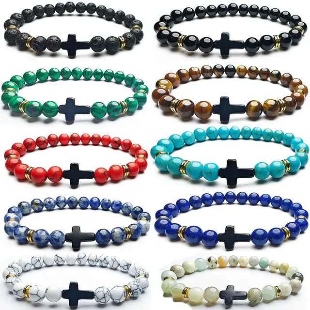 Creative 8mm Natural Stone Bead Cross Bracelet 10 Pieces Suit - Shop at LoveMi
