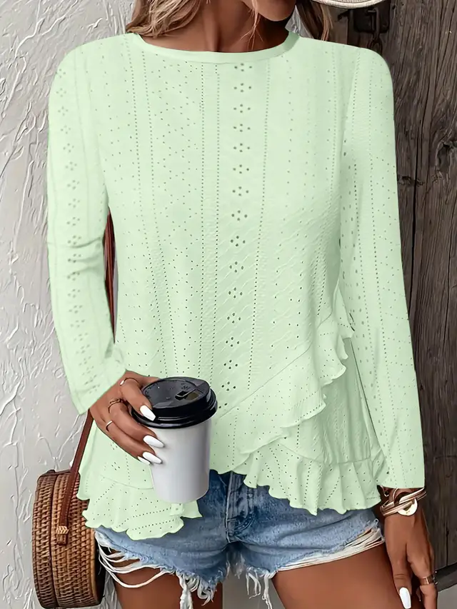 Casual Solid Color Long Sleeve Round Neck Light Green - Shop at LoveMi