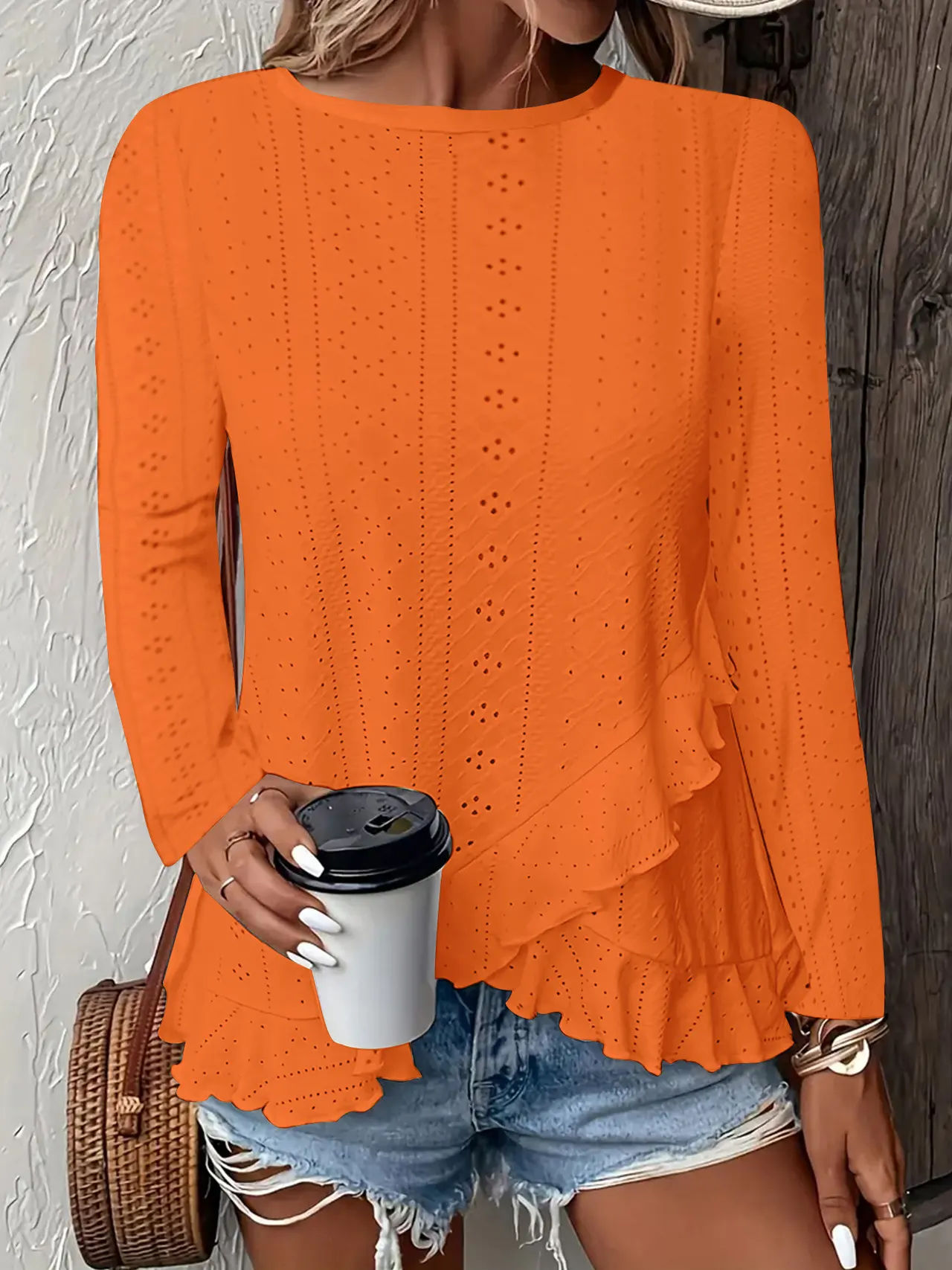 Casual Solid Color Long Sleeve Round Neck - Orange Red
