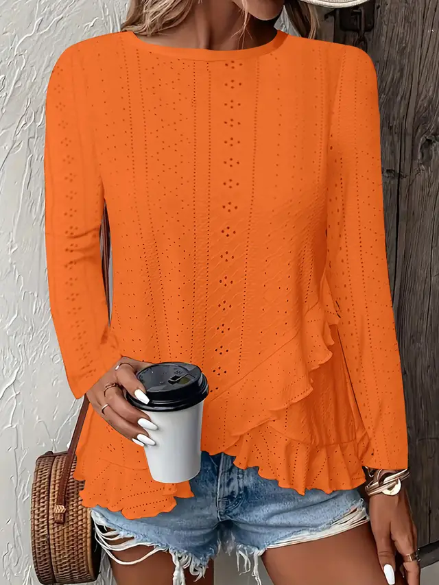 Casual Solid Color Long Sleeve Round Neck Orange Red - Shop at LoveMi