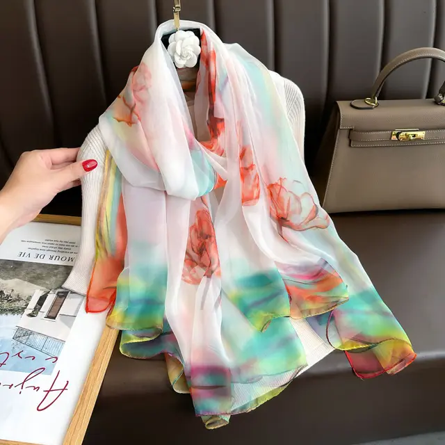 Peony Silk Scarf Women's Long Sun Protection Hibiscus Flower Orange - Shop at LoveMi