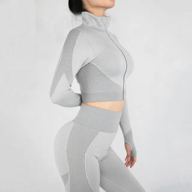 Outdoor Sports Zipper Cardigan Tight Yoga Suit Women Gray - Shop at LoveMi