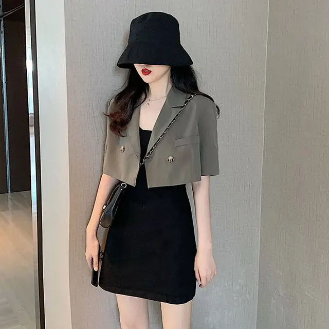 Summer Korean Style High Waist Thin Western Style Small Tailored Suit Top Women's Coat Gray Green - Shop at LoveMi