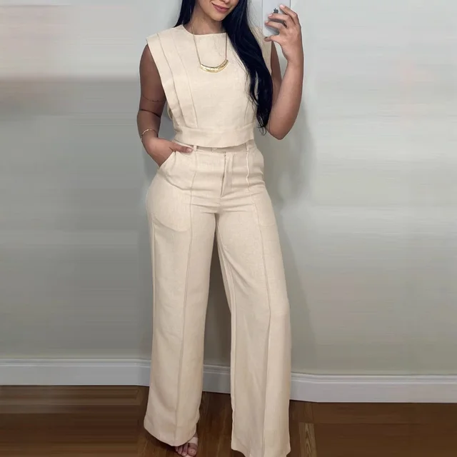 Summer Sleeveless Suit Fashion Round Neck Vest Top And Pocket Straight Pants Casual Trousers Set For Women Clothing Apricot - Shop at LoveMi