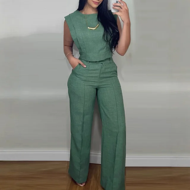 Summer Sleeveless Suit Fashion Round Neck Vest Top And Pocket Straight Pants Casual Trousers Set For Women Clothing Green sage green - Shop at LoveMi