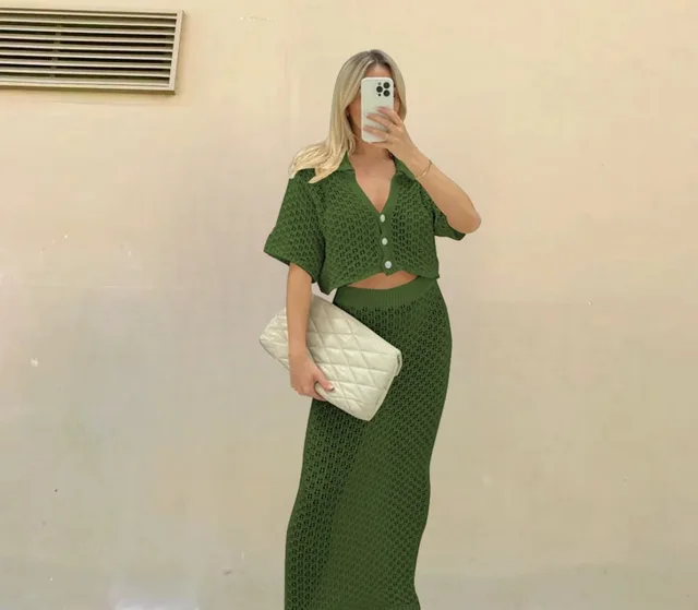 New Fashion Comfortable Net Hole V neck Two piece Suit Green - Shop at LoveMi