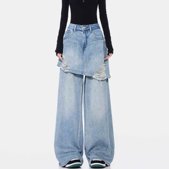 Vintage Blue Washed Fake Two piece Jeans For Women Ripped Straight Pants Light Blue - Shop at LoveMi