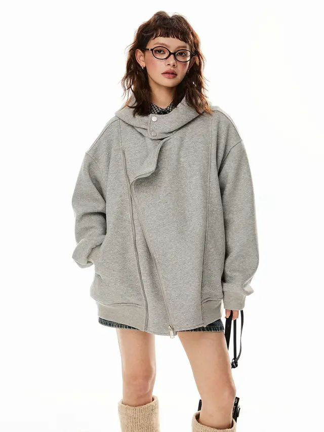 Retro Double Zipper Cardigan Hoodie Women's Casual Irregular Coat Gray - Shop at LoveMi