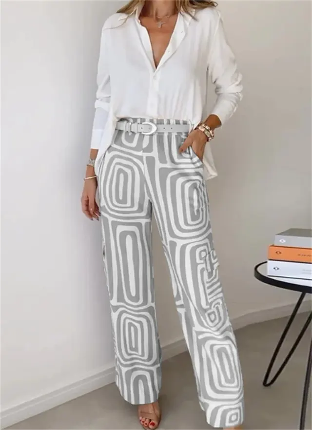 Women's Casual Long sleeved Lapel Shirt Printed Wide leg Pants Suit Gray - Shop at LoveMi