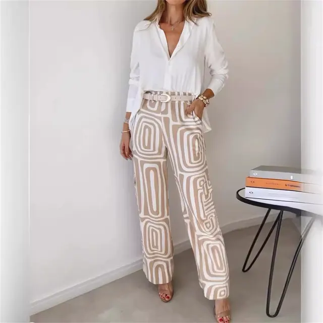 Women's Casual Long sleeved Lapel Shirt Printed Wide leg Pants Suit Khaki - Shop at LoveMi