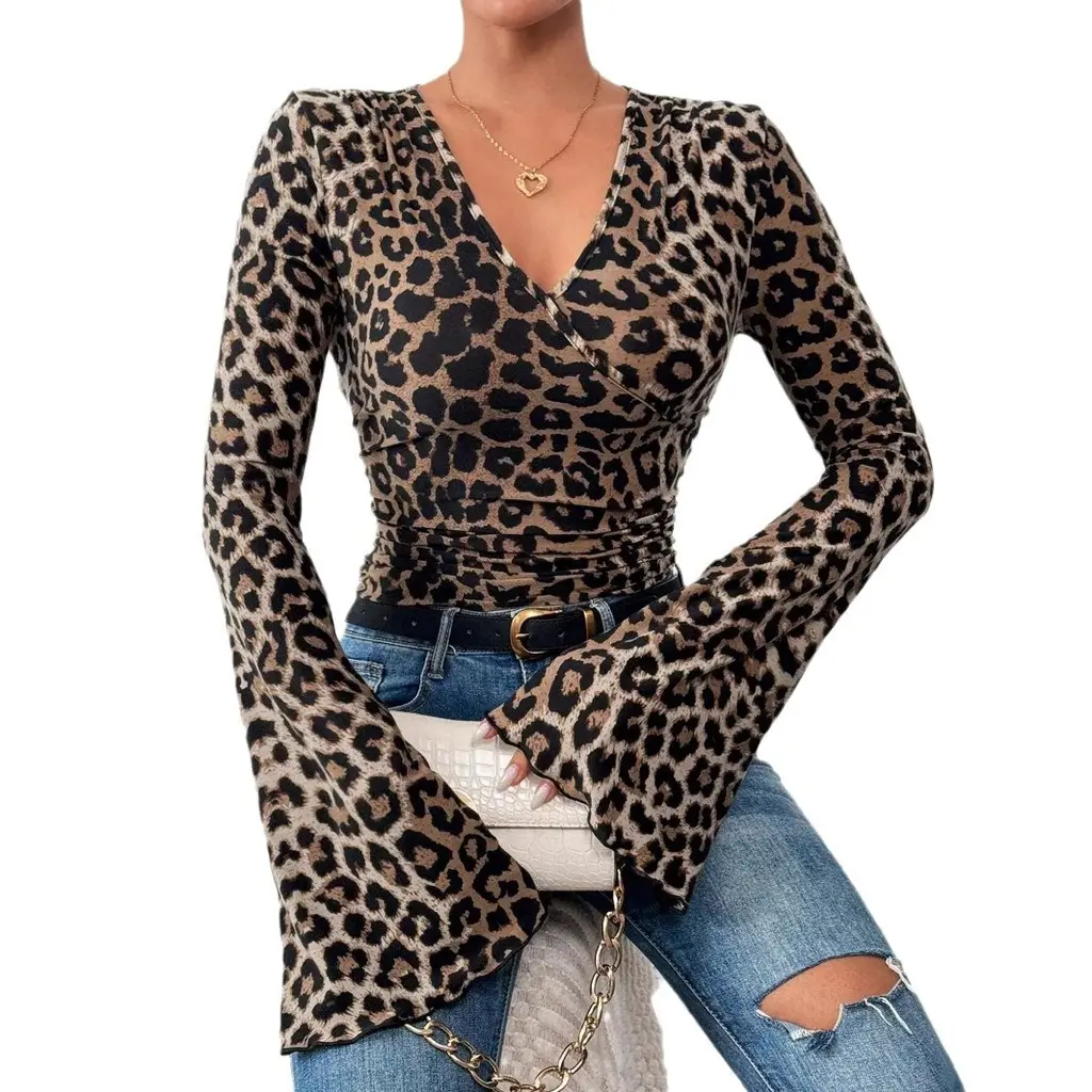 Leopard Layered V-neck Flared Sleeves Slim-fit Sexy Knitted Top - Brown