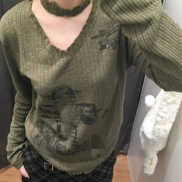 Retro Spicy Girl Cross Printed Loose Sweater For Women Army Green - Shop at LoveMi